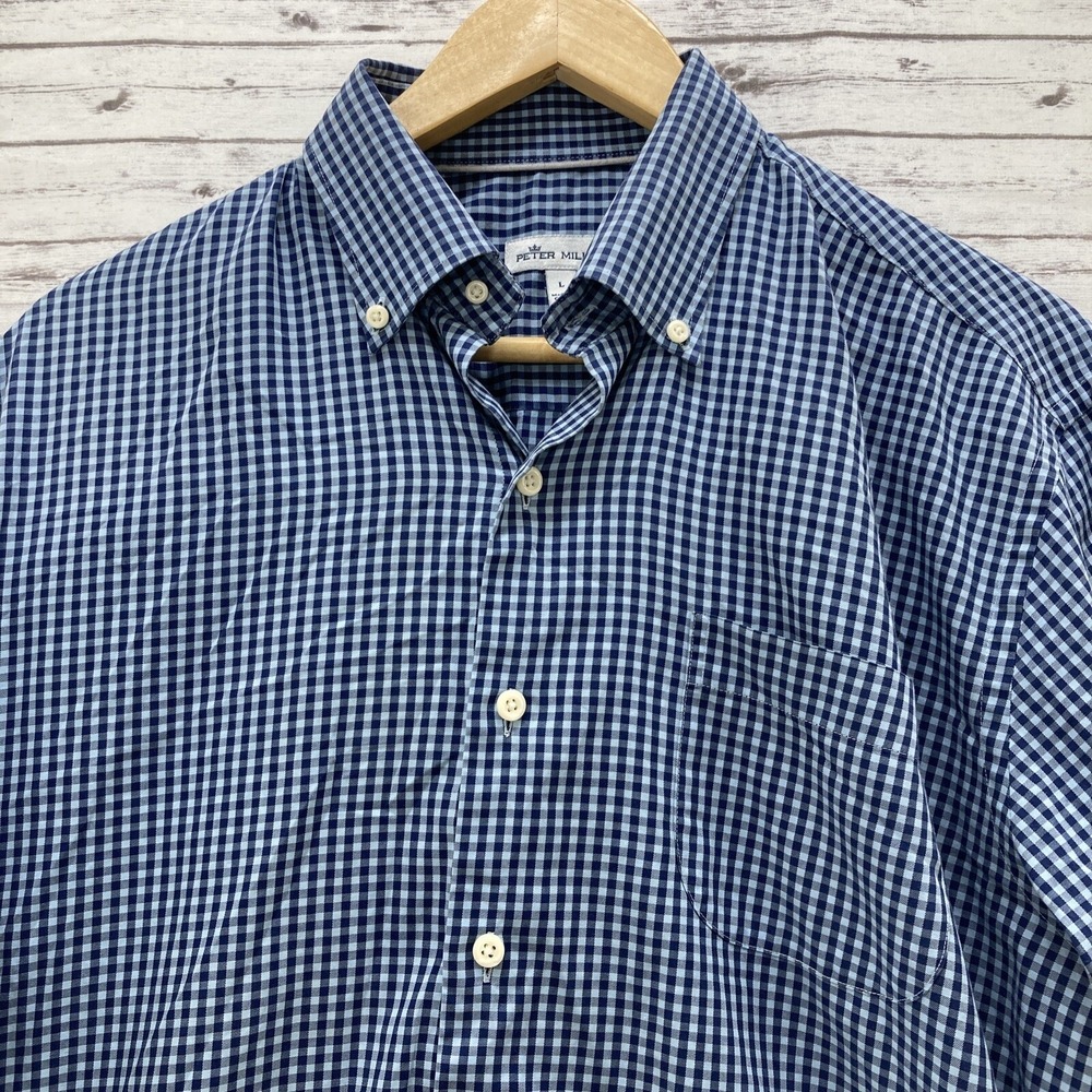Peter Millar Silk Blend Performance Shirt Men's Large Blue Check Button Up